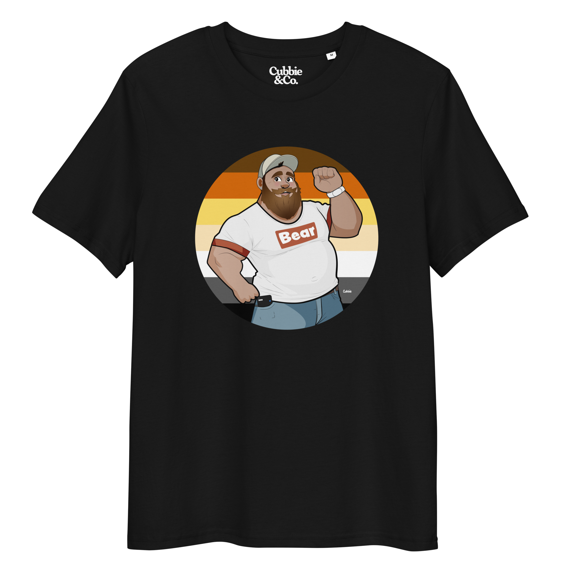 Black t-shirt featuring Evan the lumberjack posing in front of a Bear Pride Flag