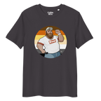 Dark grey t-shirt featuring Evan the lumberjack posing in front of a Bear Pride Flag