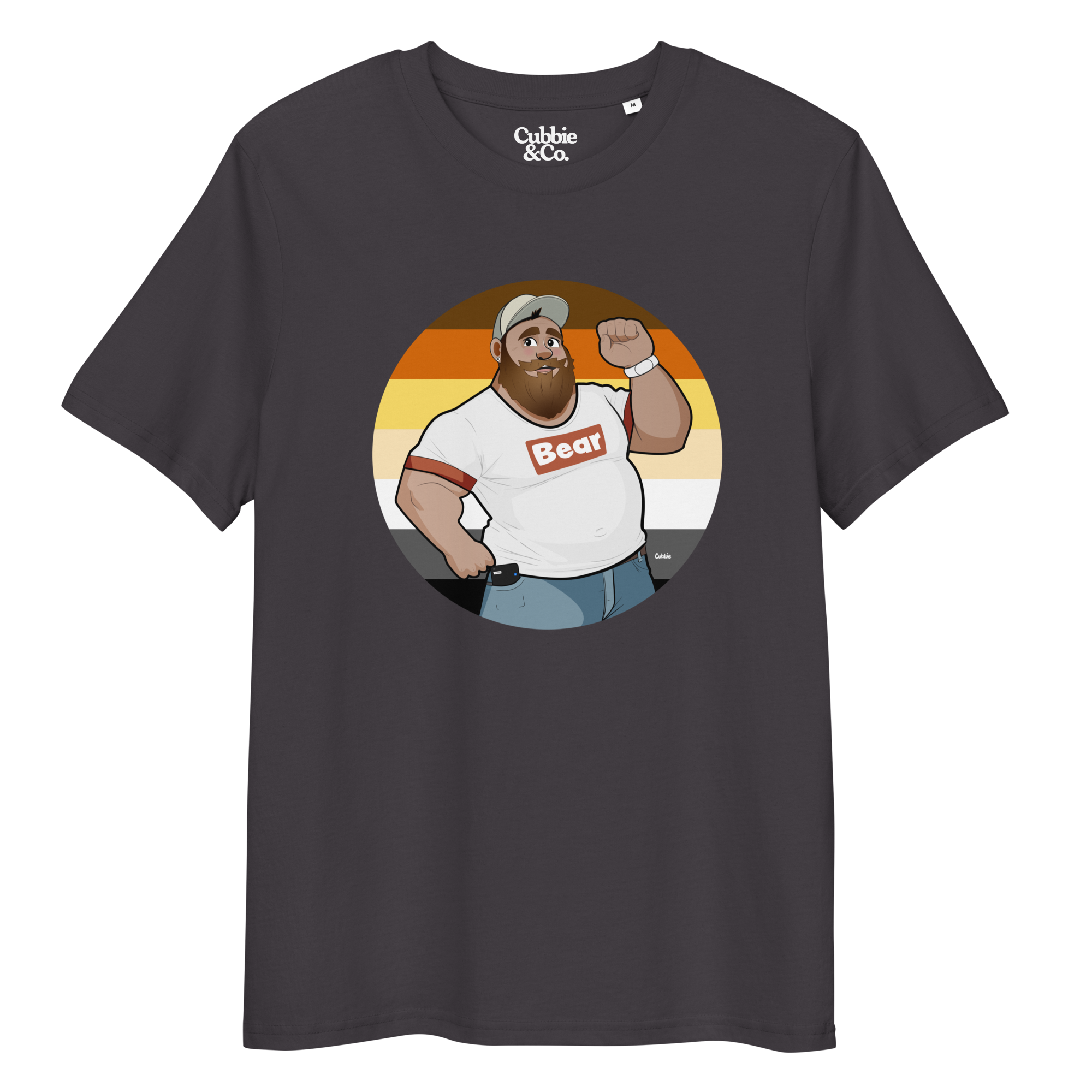 Dark grey t-shirt featuring Evan the lumberjack posing in front of a Bear Pride Flag