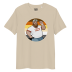 Desert dust t-shirt featuring Evan the lumberjack posing in front of a Bear Pride Flag