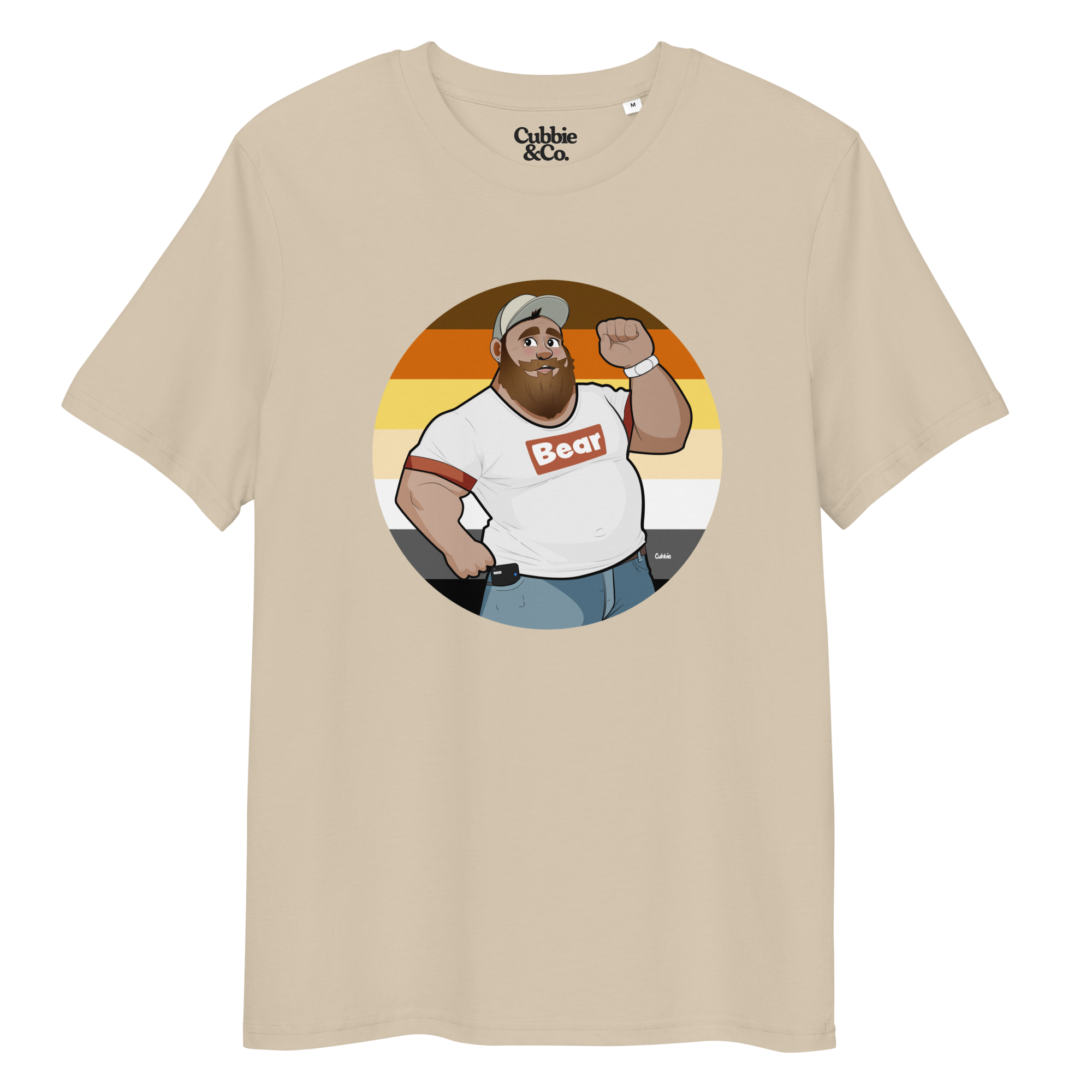 Desert dust t-shirt featuring Evan the lumberjack posing in front of a Bear Pride Flag