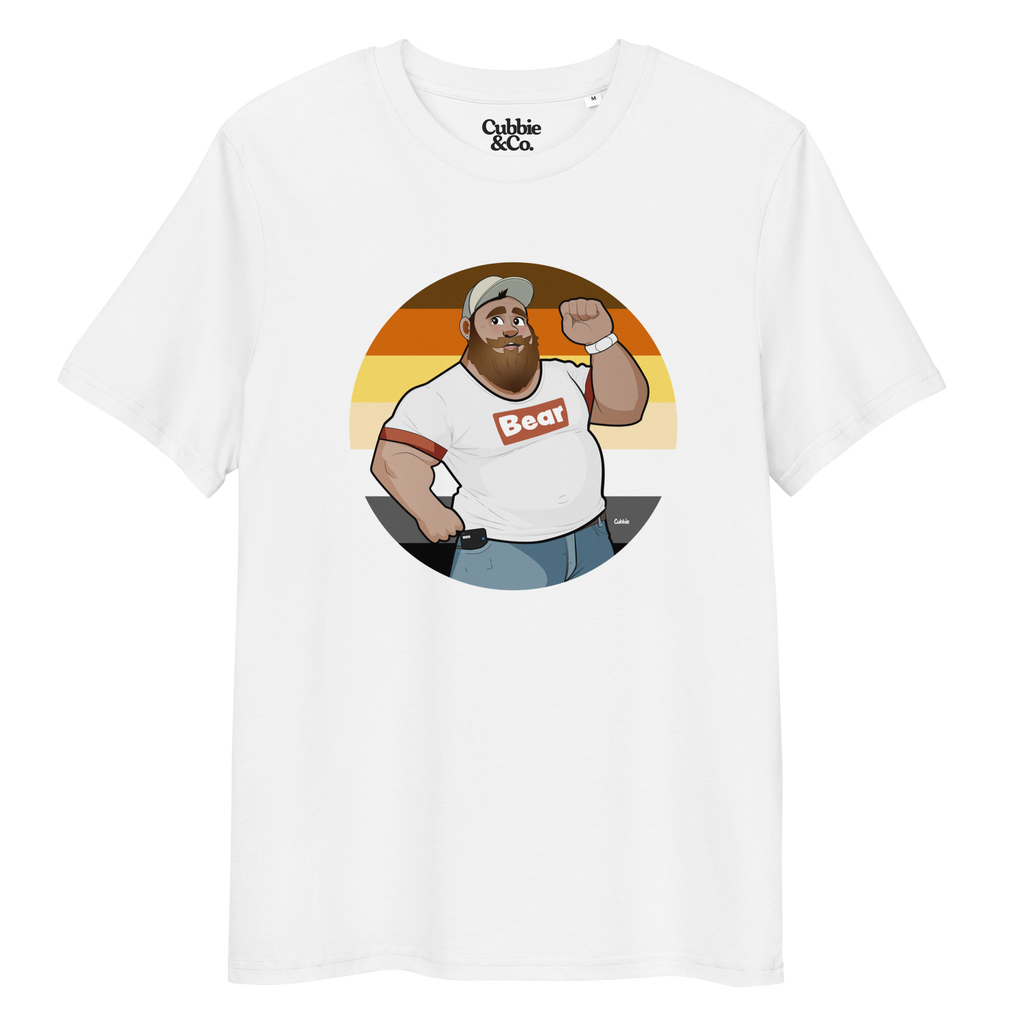White t-shirt featuring Evan the lumberjack posing in front of a Bear Pride Flag