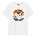 White t-shirt featuring Evan the lumberjack posing in front of a Bear Pride Flag