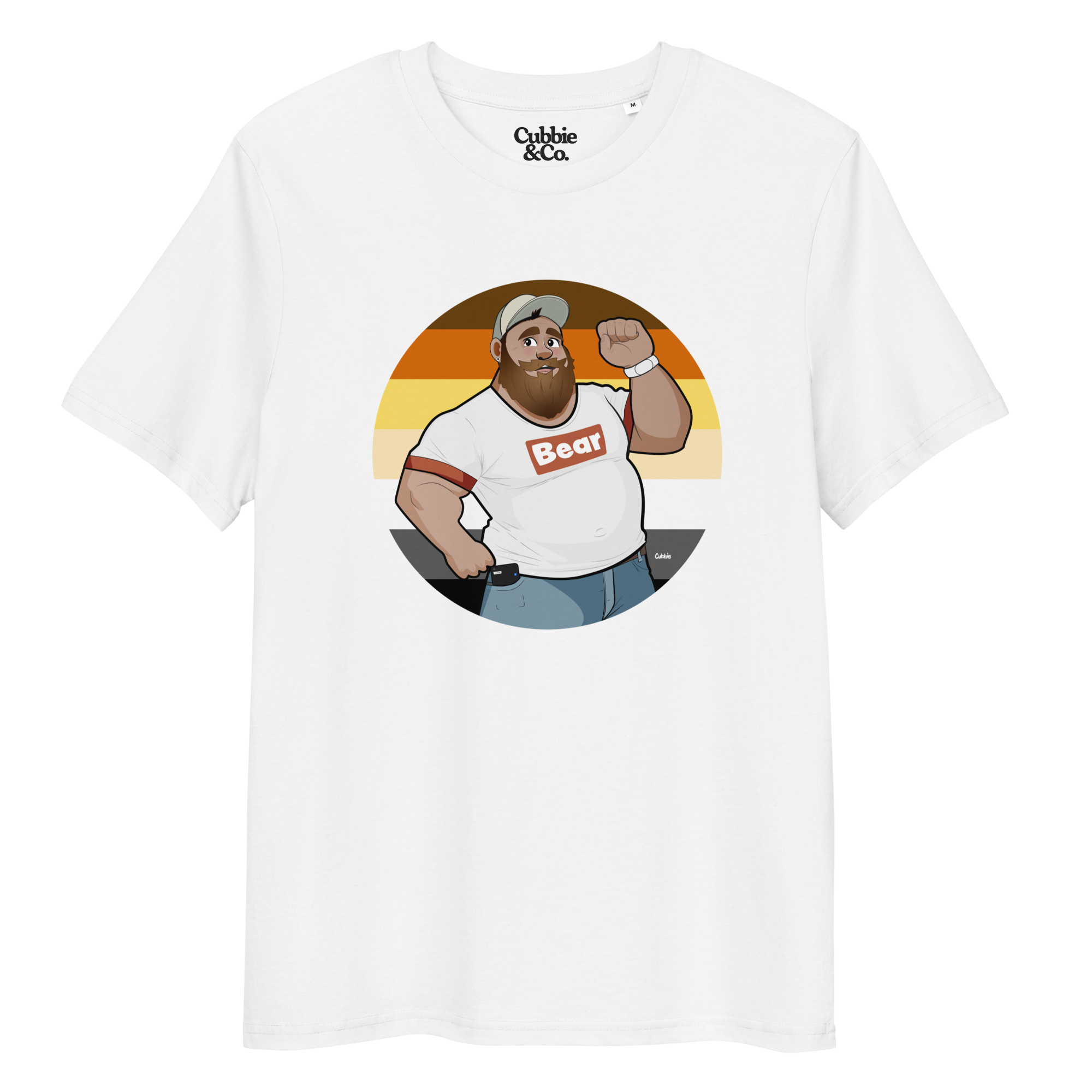 White t-shirt featuring Evan the lumberjack posing in front of a Bear Pride Flag