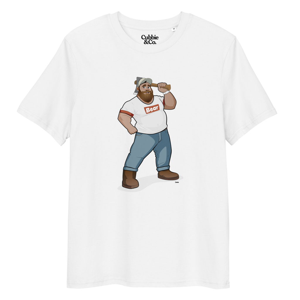 White t-shirt featuring Evan the lumberjack wearing a ‘Bear’ wordmark tee, holding an axe
