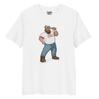 White t-shirt featuring Evan the lumberjack wearing a ‘Bear’ wordmark tee, holding an axe