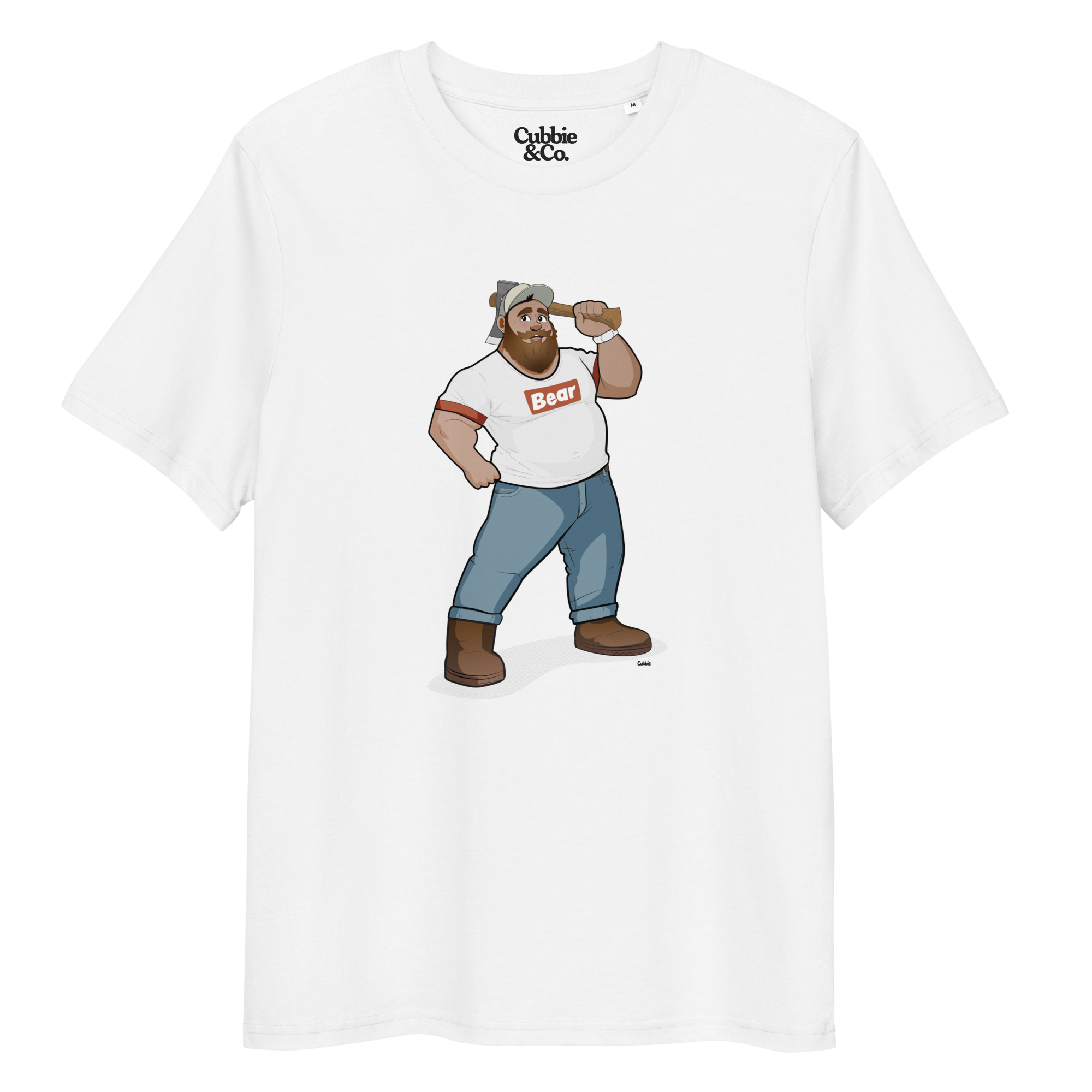 White t-shirt featuring Evan the lumberjack wearing a ‘Bear’ wordmark tee, holding an axe