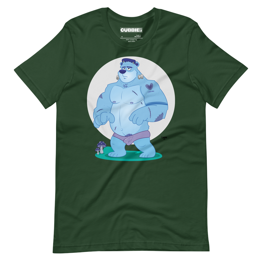 Forest green t-shirt featuring Knox, a cartoon LGBTQ+ bear character styled as Frankenstein's monster with blue skin and stitches