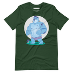Forest green t-shirt featuring Knox, a cartoon LGBTQ+ bear character styled as Frankenstein's monster with blue skin and stitches