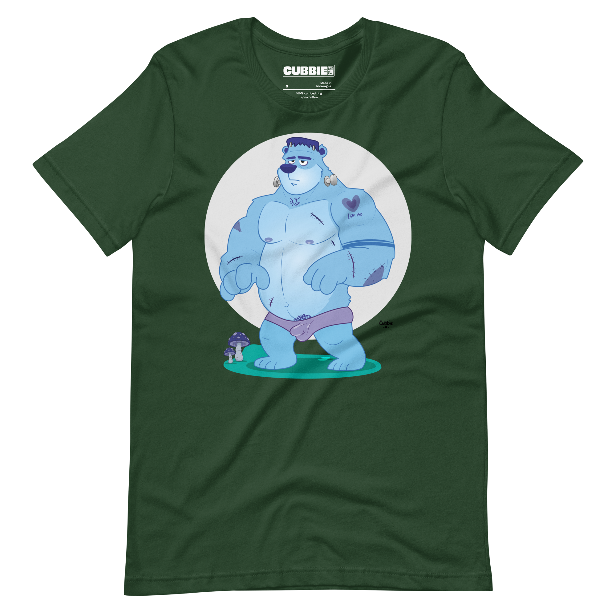 Forest green t-shirt featuring Knox, a cartoon LGBTQ+ bear character styled as Frankenstein's monster with blue skin and stitches
