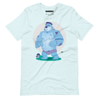Light heathered ice blue t-shirt featuring Knox, a cartoon LGBTQ+ bear character styled as Frankenstein's monster with blue skin and stitches