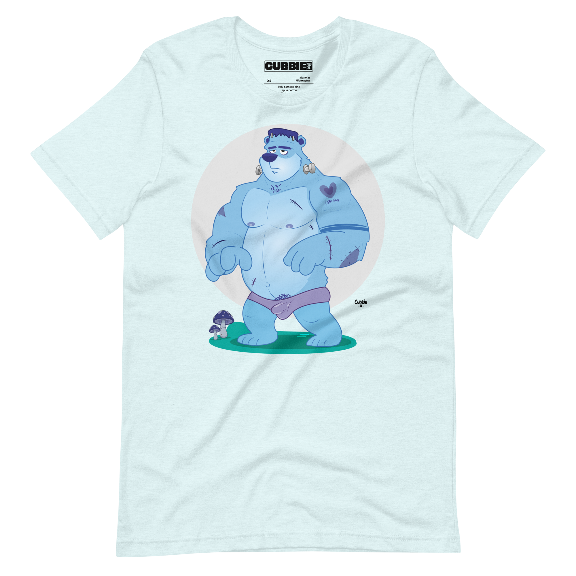 Light heathered ice blue t-shirt featuring Knox, a cartoon LGBTQ+ bear character styled as Frankenstein's monster with blue skin and stitches