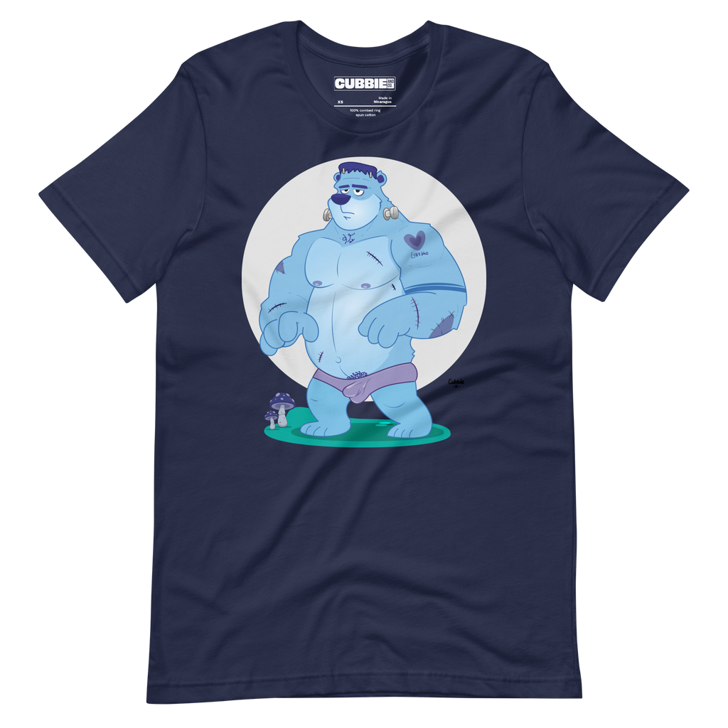 Navy blue t-shirt featuring Knox, a cartoon LGBTQ+ bear character styled as Frankenstein's monster with blue skin and stitches