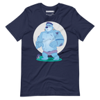 Navy blue t-shirt featuring Knox, a cartoon LGBTQ+ bear character styled as Frankenstein's monster with blue skin and stitches