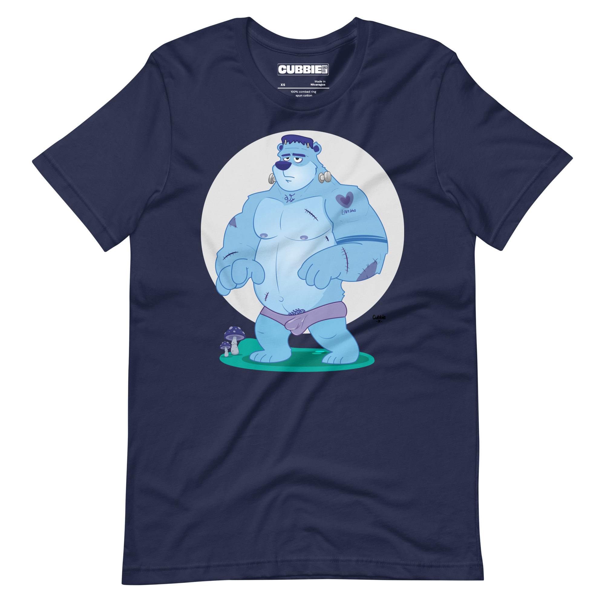 Navy blue t-shirt featuring Knox, a cartoon LGBTQ+ bear character styled as Frankenstein's monster with blue skin and stitches