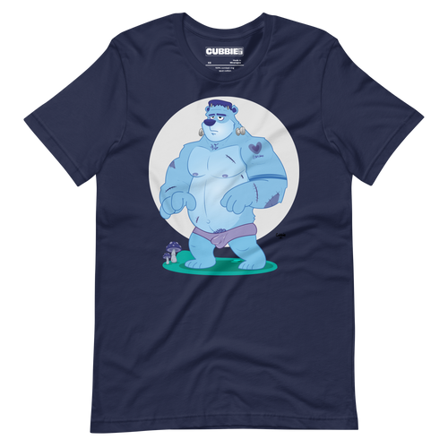 Navy blue t-shirt featuring Knox, a cartoon LGBTQ+ bear character styled as Frankenstein's monster with blue skin and stitches