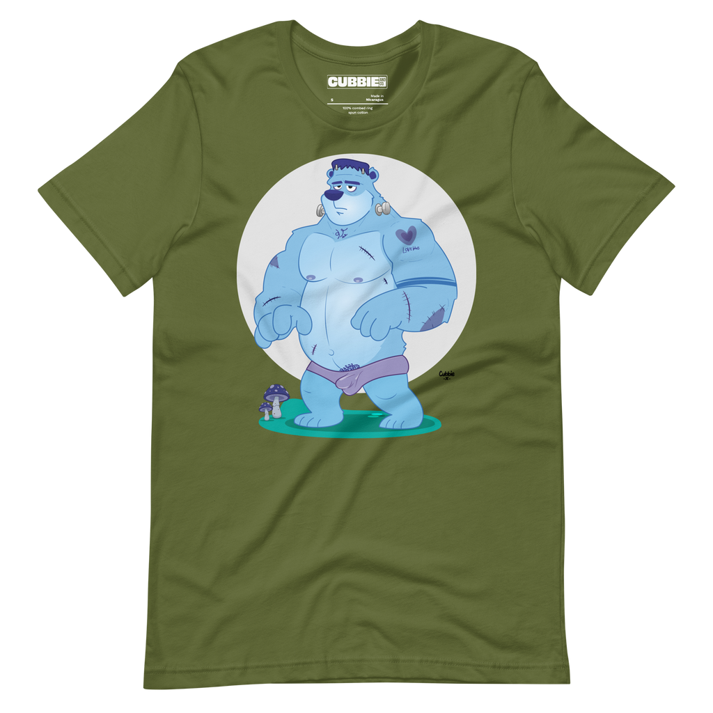 Olive green t-shirt featuring Knox, a cartoon LGBTQ+ bear character styled as Frankenstein's monster with blue skin and stitches