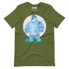 Olive green t-shirt featuring Knox, a cartoon LGBTQ+ bear character styled as Frankenstein's monster with blue skin and stitches