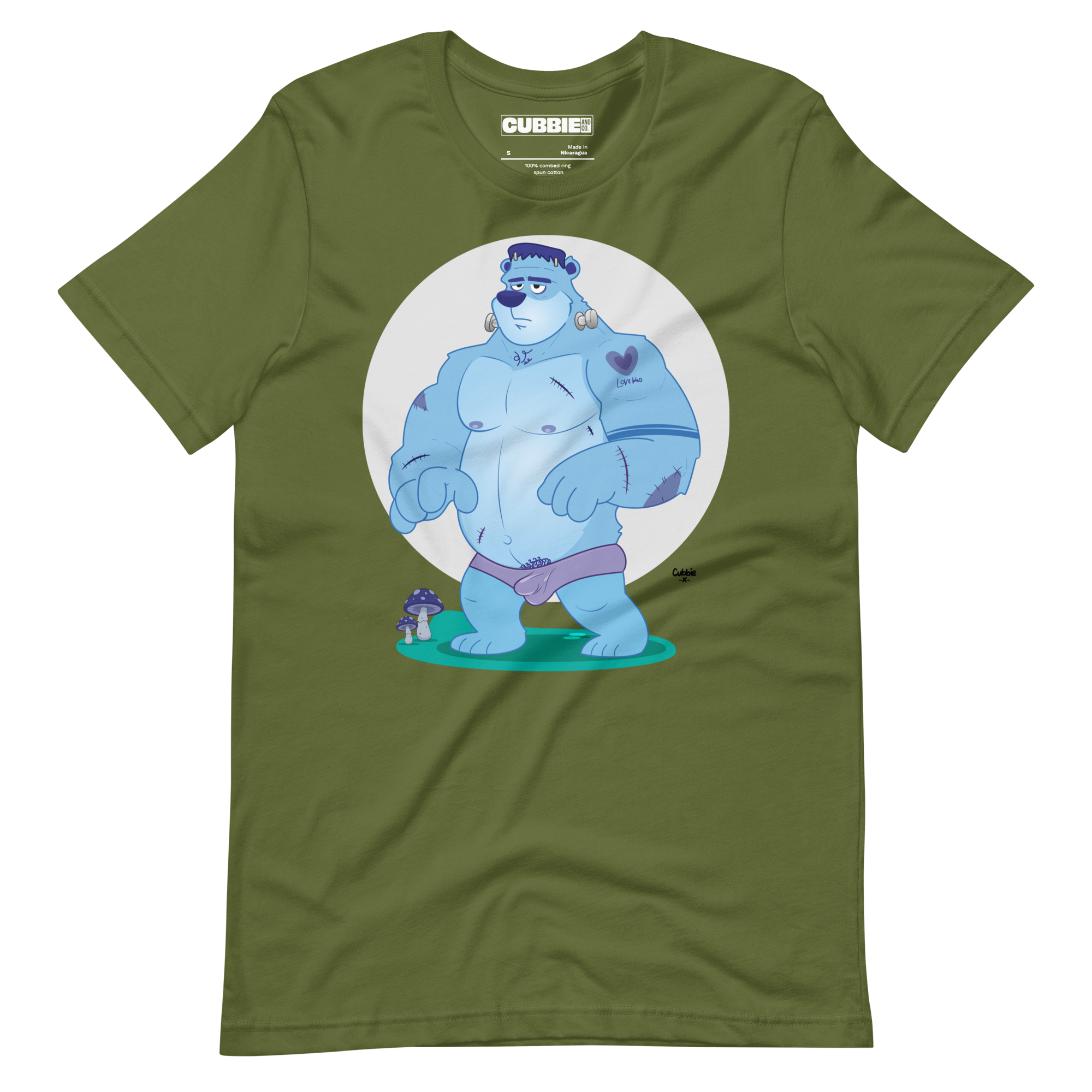 Olive green t-shirt featuring Knox, a cartoon LGBTQ+ bear character styled as Frankenstein's monster with blue skin and stitches