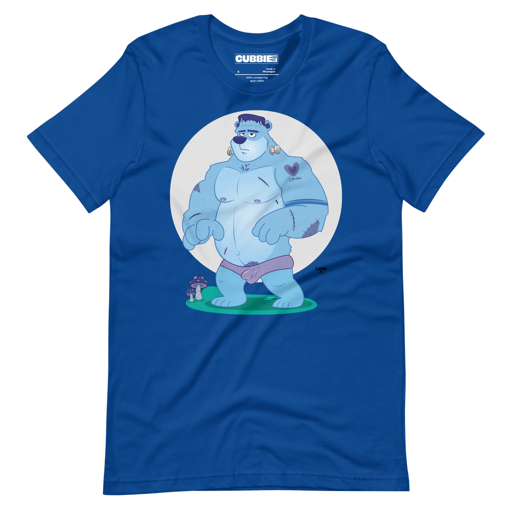 Bright royal blue t-shirt featuring Knox, a cartoon LGBTQ+ bear character styled as Frankenstein's monster with blue skin and stitches