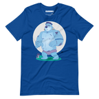 Bright royal blue t-shirt featuring Knox, a cartoon LGBTQ+ bear character styled as Frankenstein's monster with blue skin and stitches