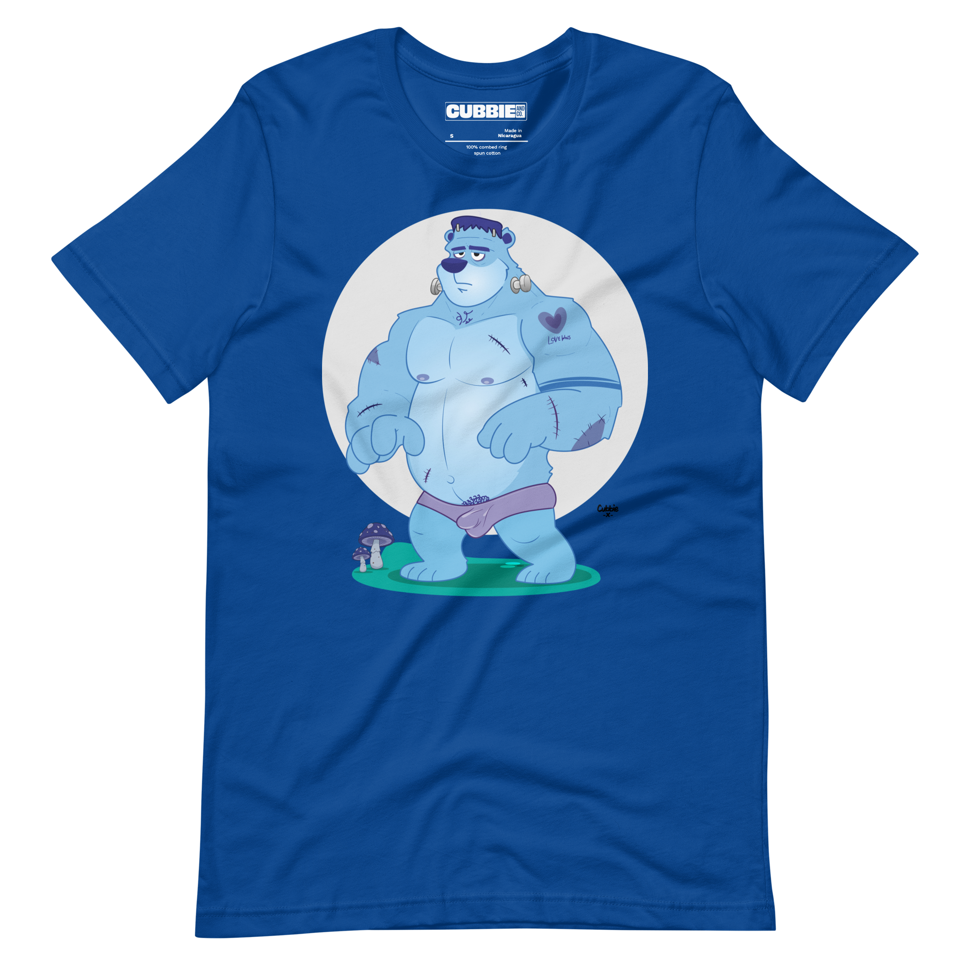 Bright royal blue t-shirt featuring Knox, a cartoon LGBTQ+ bear character styled as Frankenstein's monster with blue skin and stitches
