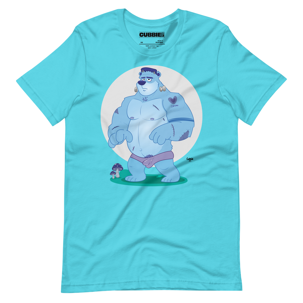 Turquoise t-shirt featuring Knox, a cartoon LGBTQ+ bear character styled as Frankenstein's monster with blue skin and stitches