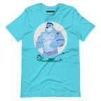 Turquoise t-shirt featuring Knox, a cartoon LGBTQ+ bear character styled as Frankenstein's monster with blue skin and stitches