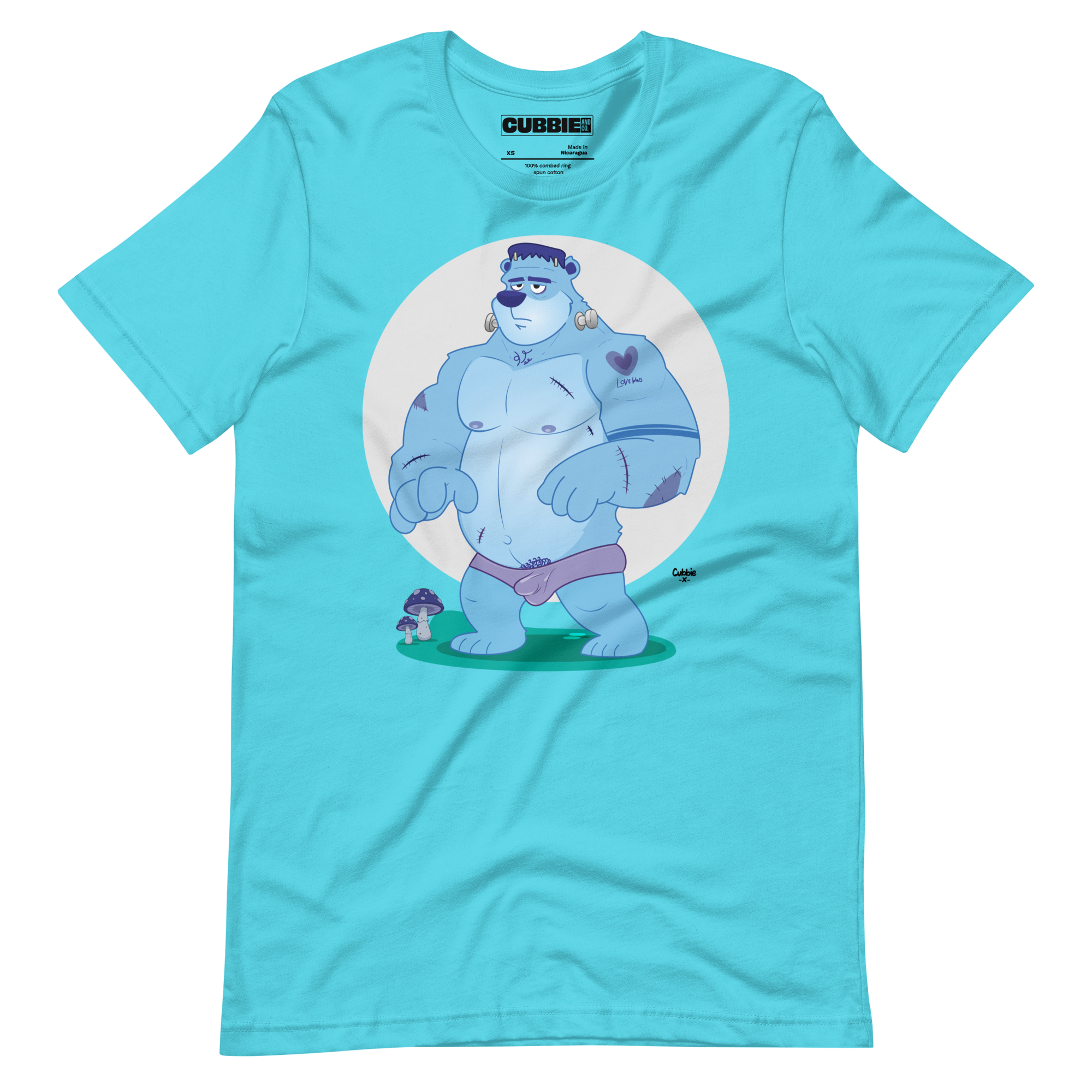 Turquoise t-shirt featuring Knox, a cartoon LGBTQ+ bear character styled as Frankenstein's monster with blue skin and stitches