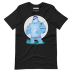 Faded black t-shirt featuring Knox, a cartoon LGBTQ+ bear character styled as Frankenstein's monster with blue skin and stitches