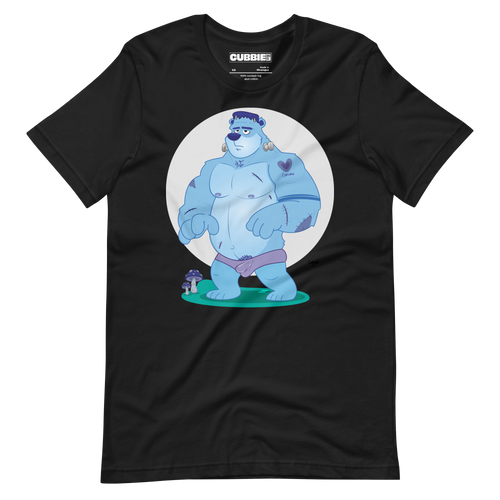Faded black t-shirt featuring Knox, a cartoon LGBTQ+ bear character styled as Frankenstein's monster with blue skin and stitches