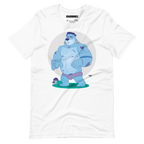 White t-shirt featuring Knox, a cartoon LGBTQ+ bear character styled as Frankenstein's monster with blue skin and stitches