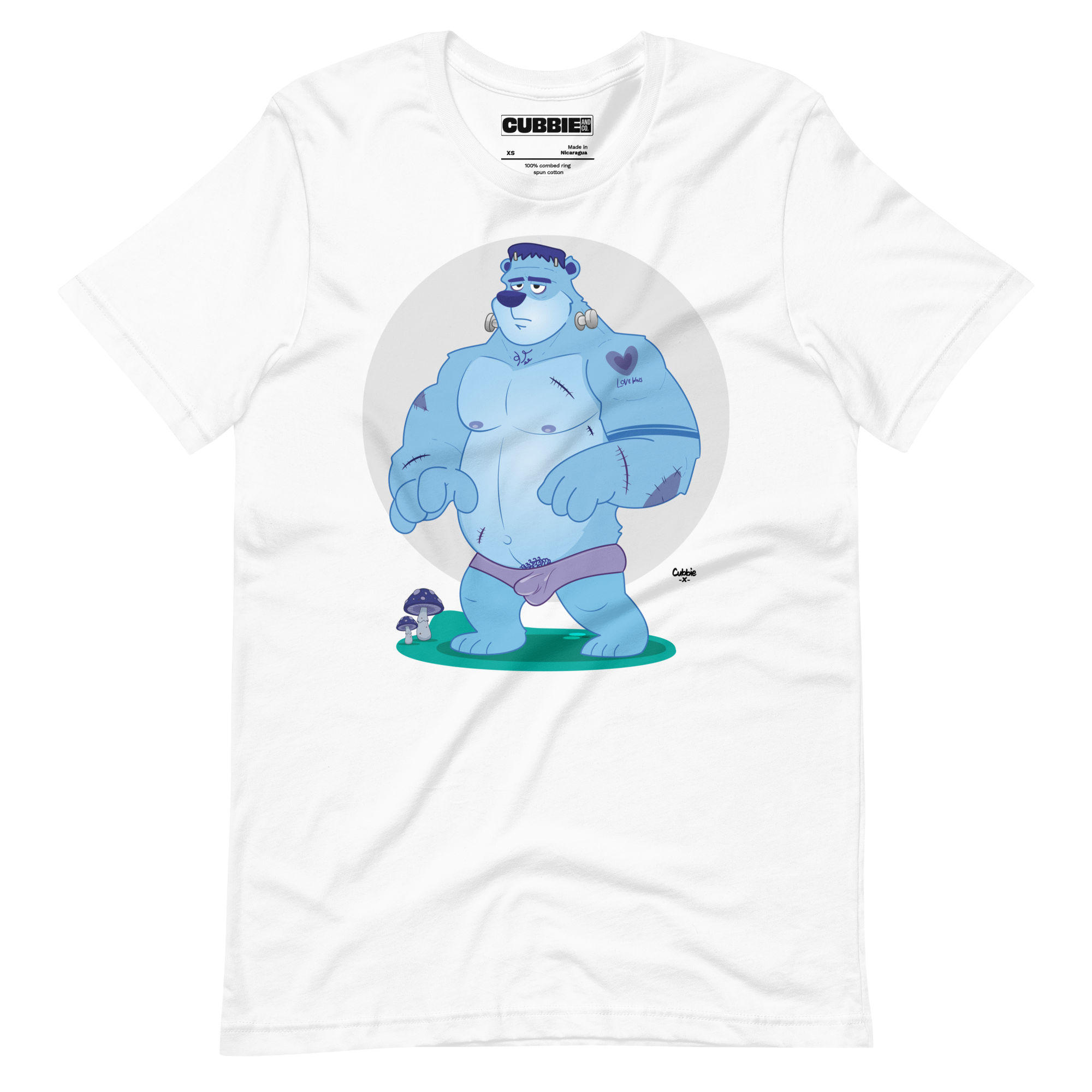 White t-shirt featuring Knox, a cartoon LGBTQ+ bear character styled as Frankenstein's monster with blue skin and stitches