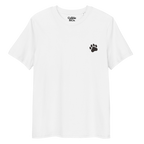 Front view of a white t-shirt with a black paw graphic on the left chest and ‘Cubbie & Co’ branding