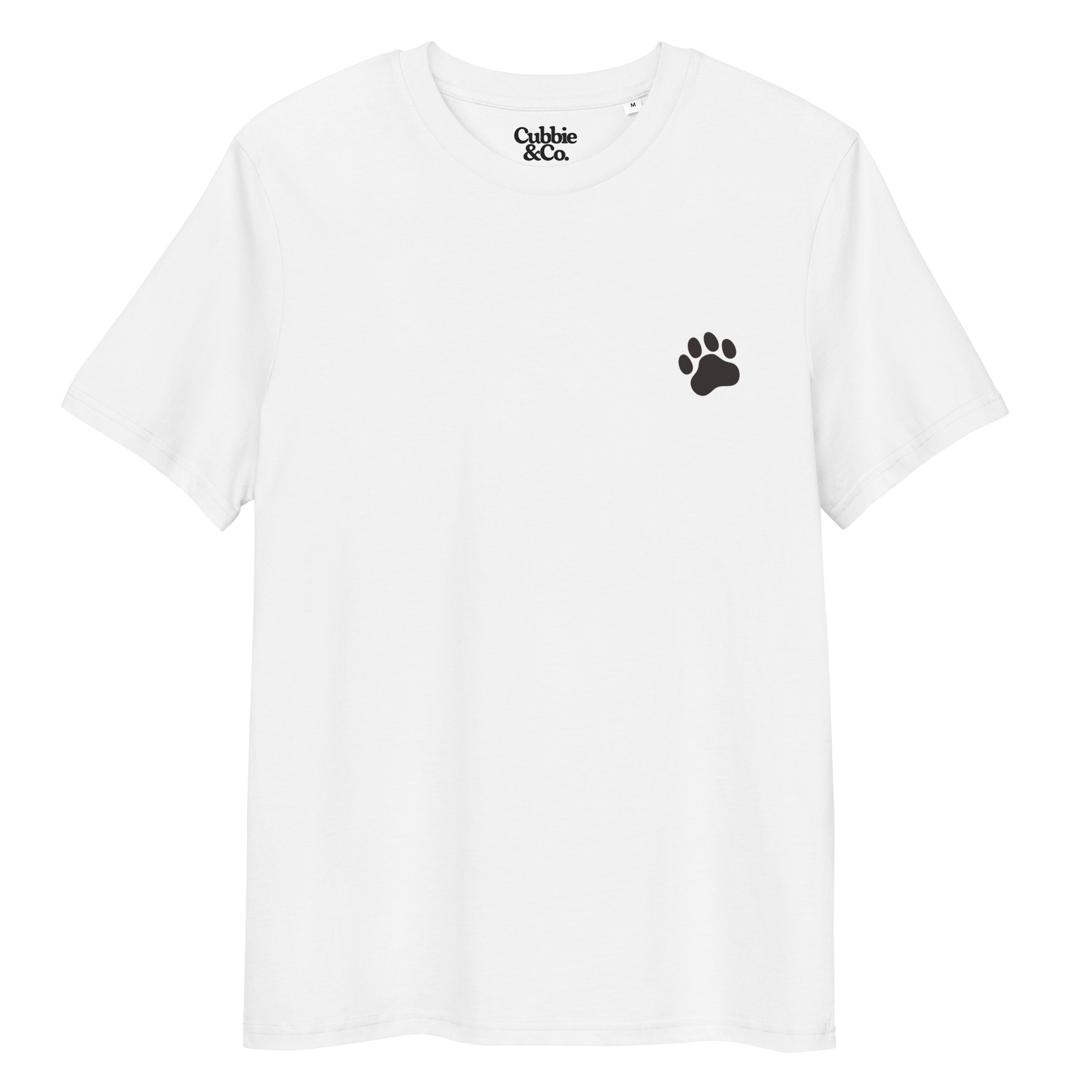 Front view of a white t-shirt with a black paw graphic on the left chest and ‘Cubbie & Co’ branding