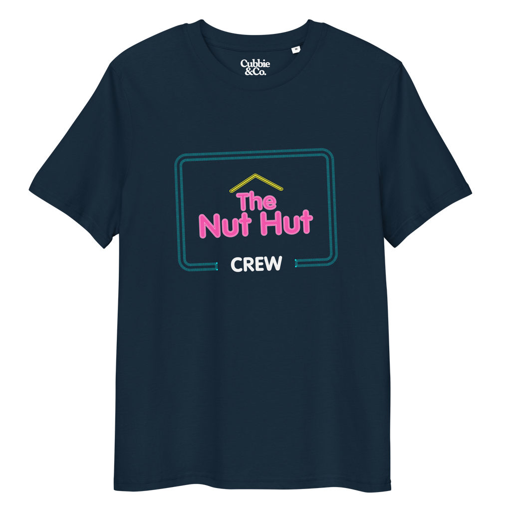 Front view of a french navy blue t-shirt featuring the fictional branding from the Nut Hut Bear bar branding