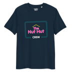 Front view of a french navy blue t-shirt featuring the fictional branding from the Nut Hut Bear bar branding
