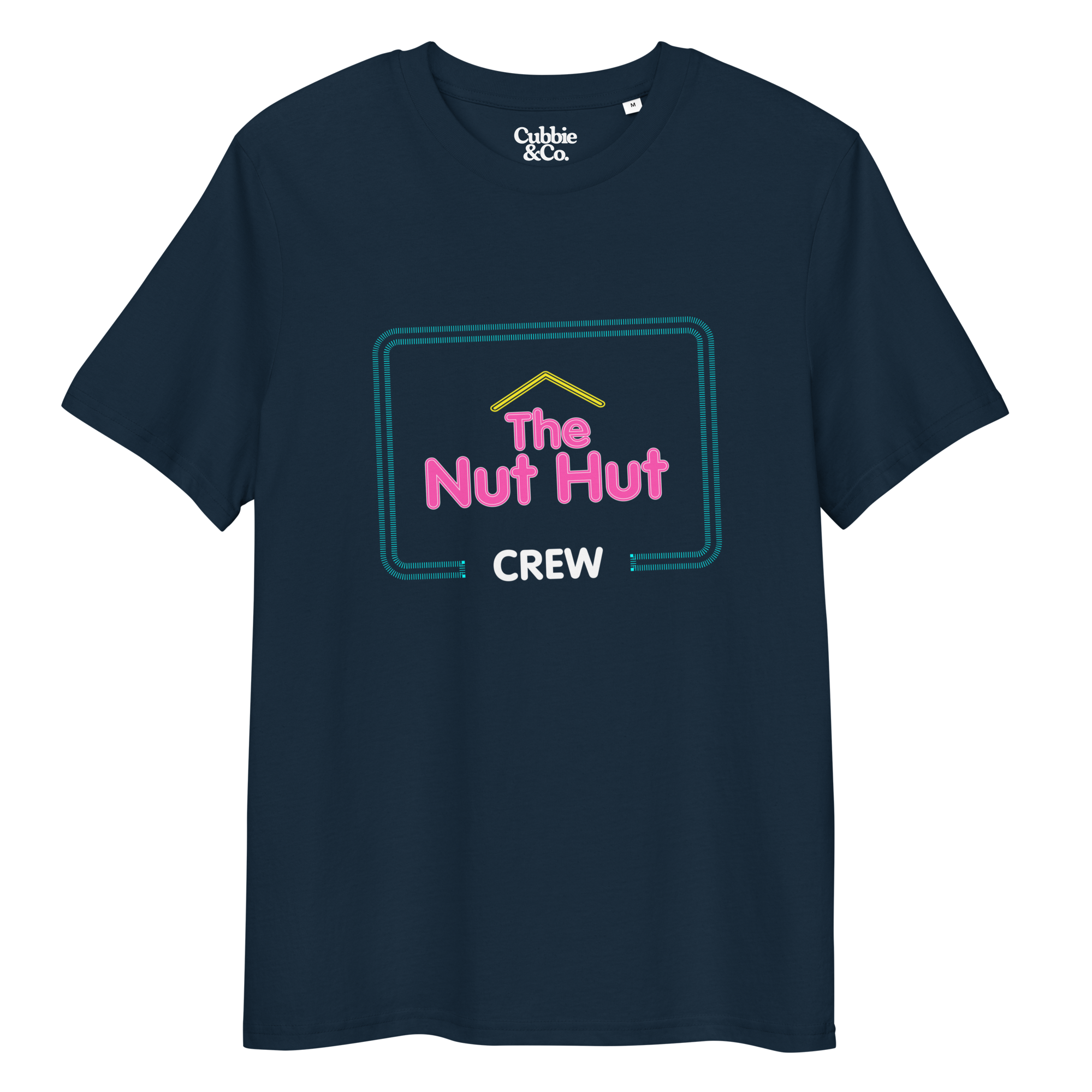 Front view of a french navy blue t-shirt featuring the fictional branding from the Nut Hut Bear bar branding