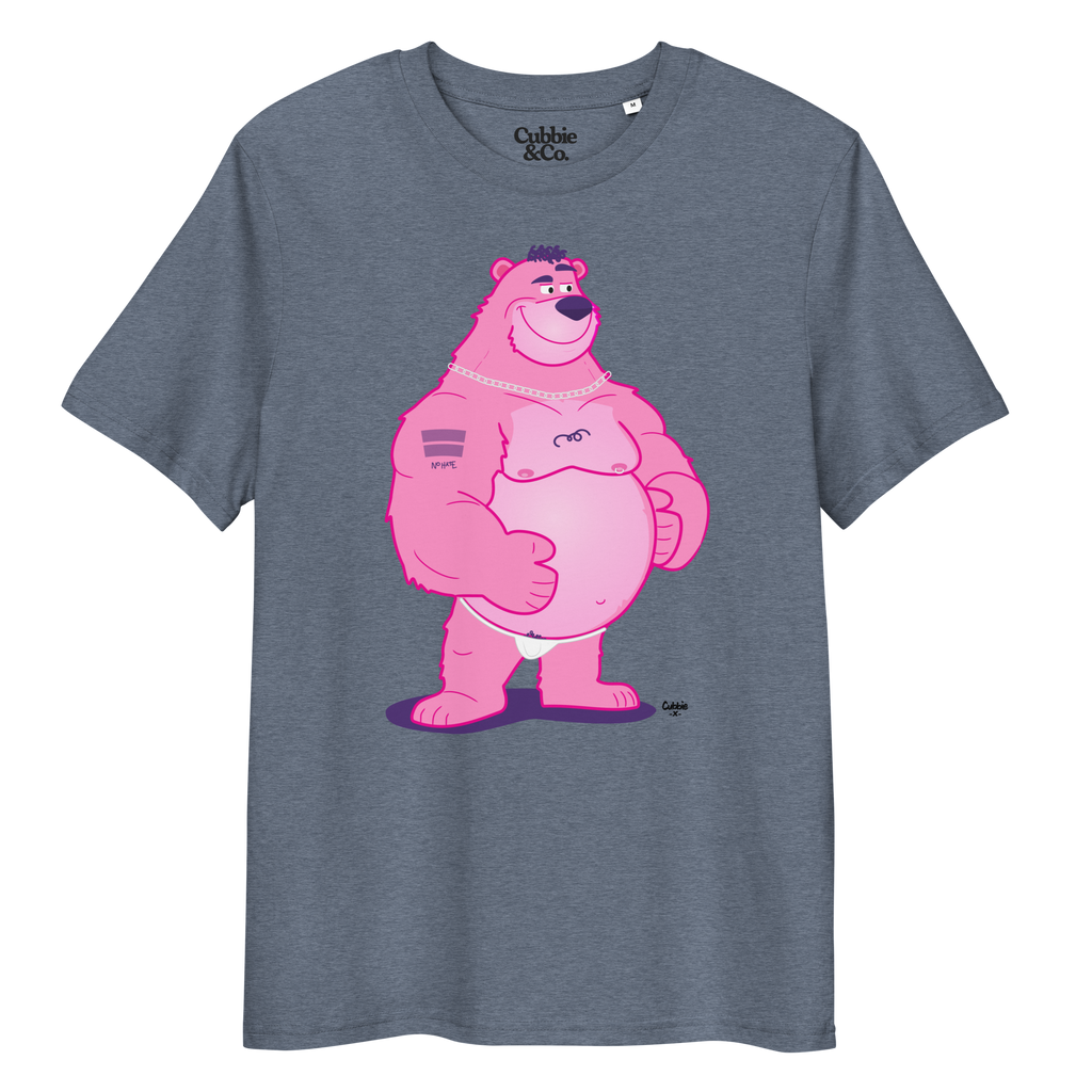 Heather blue t-shirt featuring Jay the bear wearing a heavy metal chain, raising one eyebrow with a teasing expression