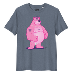 Heather blue t-shirt featuring Jay the bear wearing a heavy metal chain, raising one eyebrow with a teasing expression