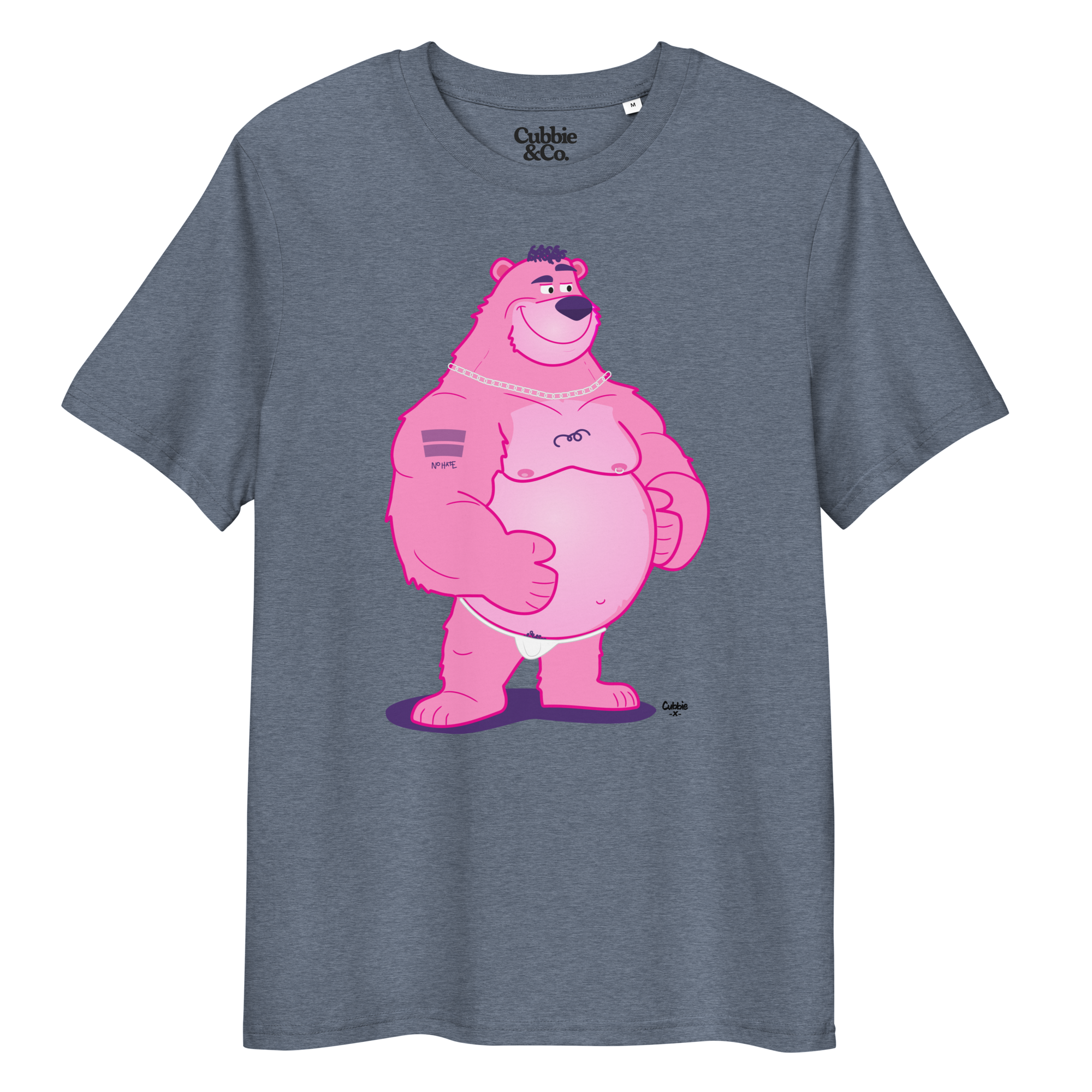 Heather blue t-shirt featuring Jay the bear wearing a heavy metal chain, raising one eyebrow with a teasing expression