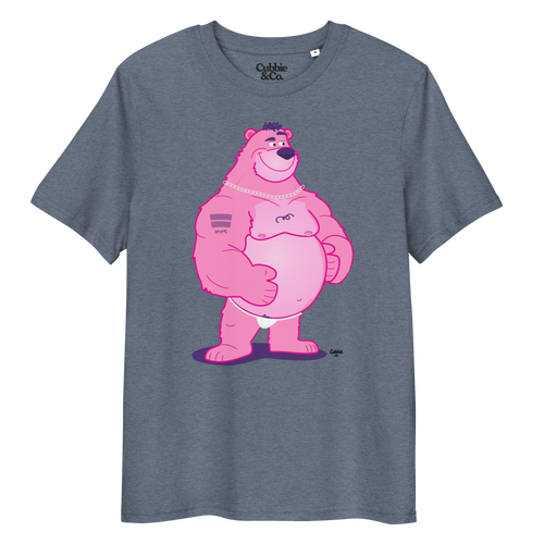 Heather blue t-shirt featuring Jay the bear wearing a heavy metal chain, raising one eyebrow with a teasing expression
