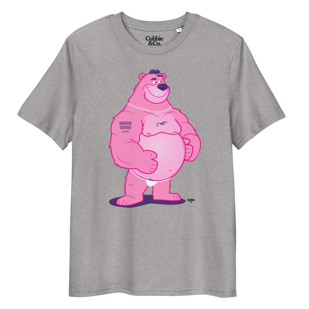 Heather grey t-shirt featuring Jay the bear wearing a heavy metal chain, raising one eyebrow with a teasing expression