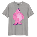 Heather grey t-shirt featuring Jay the bear wearing a heavy metal chain, raising one eyebrow with a teasing expression