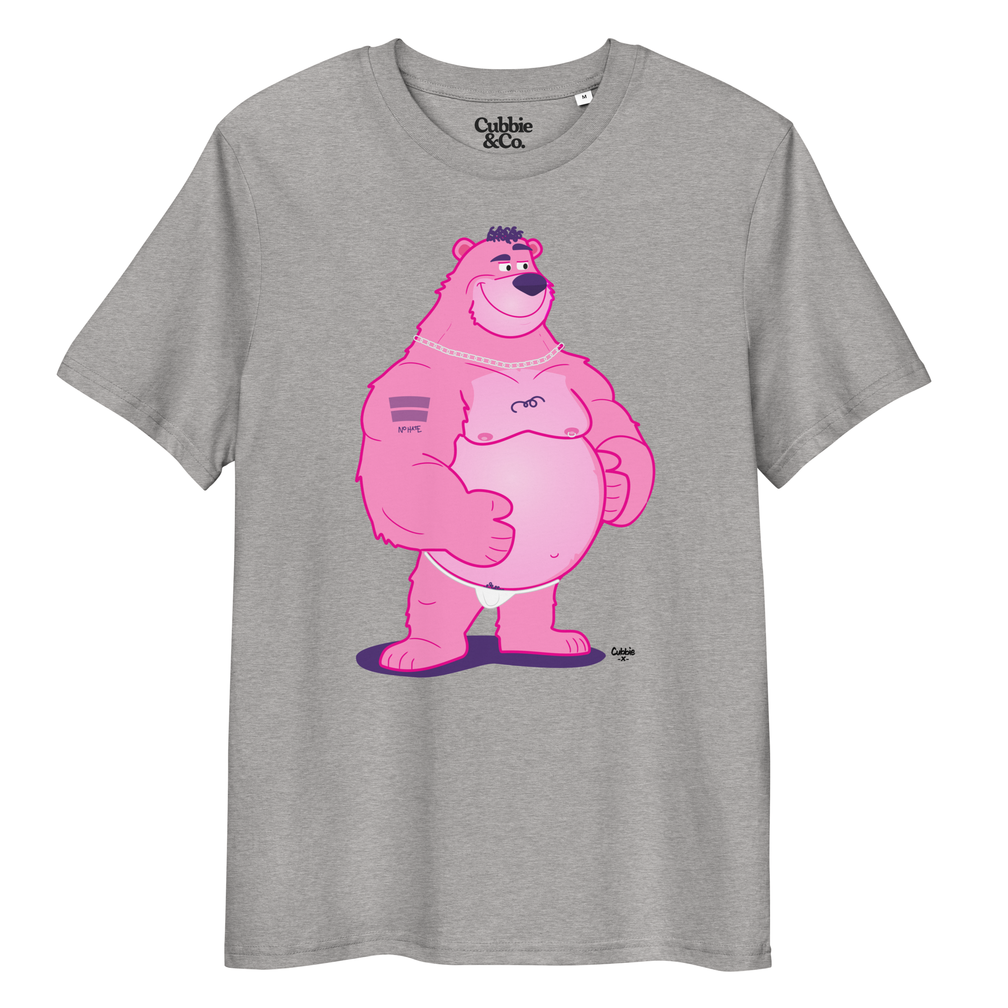 Heather grey t-shirt featuring Jay the bear wearing a heavy metal chain, raising one eyebrow with a teasing expression