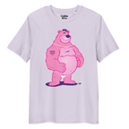 Lavender t-shirt featuring Jay the bear wearing a heavy metal chain, raising one eyebrow with a teasing expression