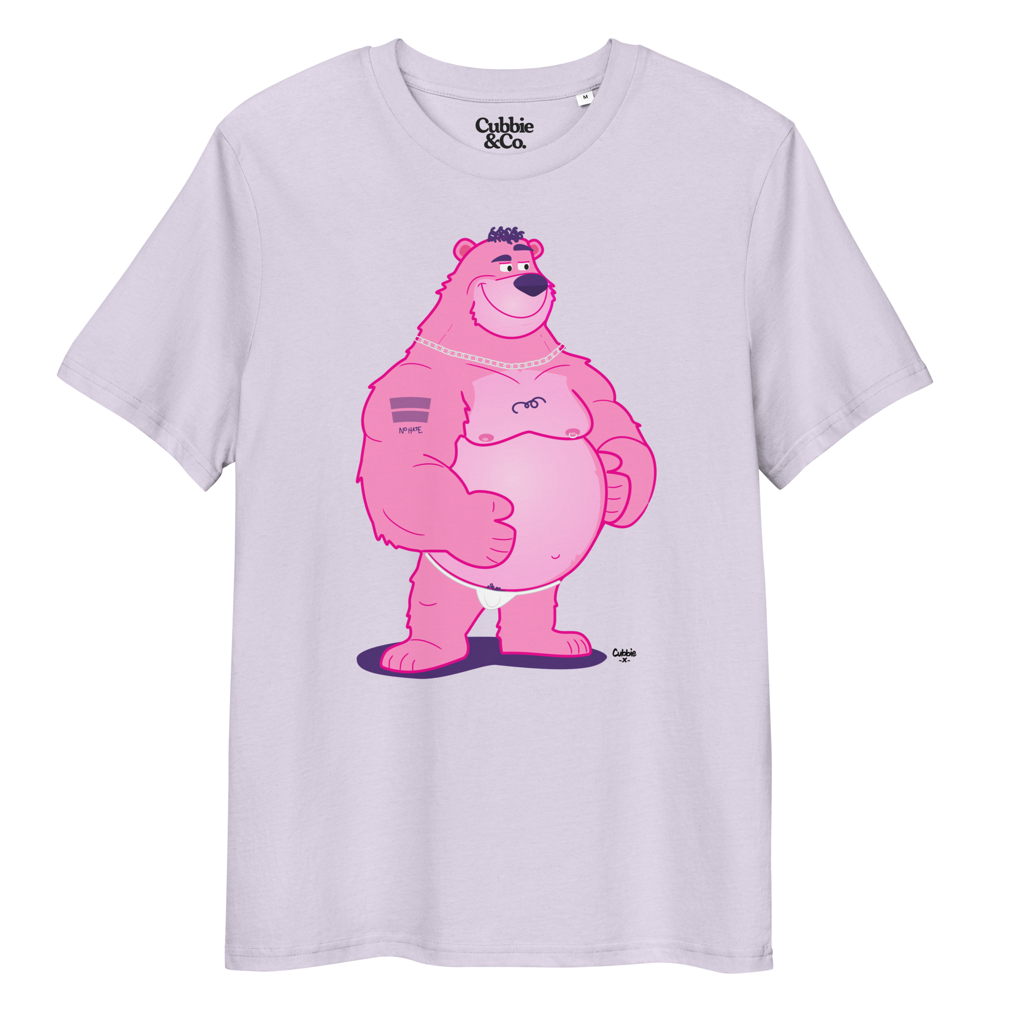 Lavender t-shirt featuring Jay the bear wearing a heavy metal chain, raising one eyebrow with a teasing expression