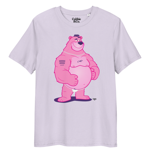 Lavender t-shirt featuring Jay the bear wearing a heavy metal chain, raising one eyebrow with a teasing expression