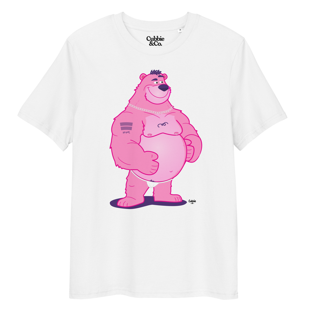 White t-shirt featuring Jay the bear wearing a heavy metal chain, raising one eyebrow with a teasing expression
