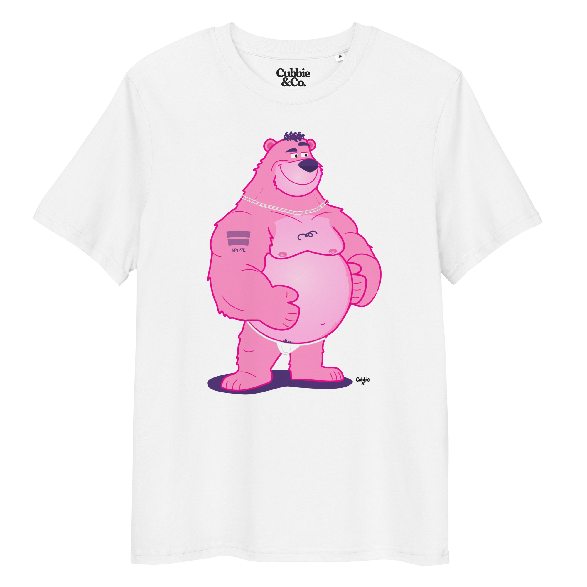 White t-shirt featuring Jay the bear wearing a heavy metal chain, raising one eyebrow with a teasing expression
